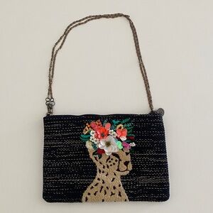 Floral Embroidered Black Clutch